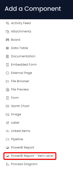 The &quot;Add a Component&quot; side menu in Explorer. The screenshot has been annotated with a red box to show the location of the &quot;PowerBI Report - Item Level&quot; component.